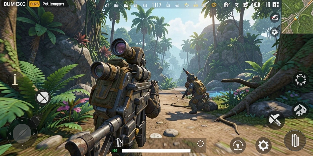 Tangkapan layar BUMI303 menampilkan aksi pertarungan dalam gameplay TPS yang menegangkan.
