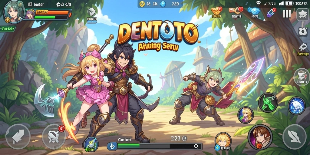 Tampilan gameplay DENTOTO yang penuh aksi dan karakter unik.