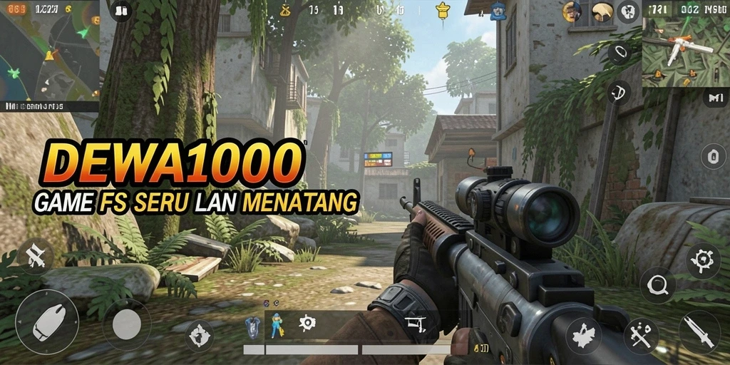 Screenshot utama DEWA1000 menampilkan aksi tembak-menembak yang mendebarkan.