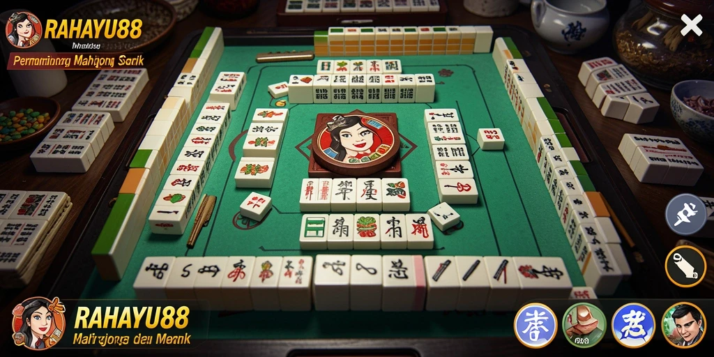 Tampilan gameplay RAHAYU88 yang seru dengan desain batu Mahjong.