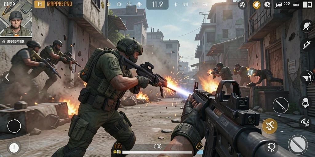 Screenshot gameplay RPRPRP menampilkan aksi tembak-menembak yang intens.