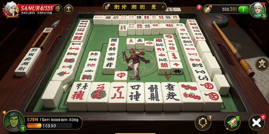 Screenshot gameplay SAMURAI555 dengan tampilan ubin Mahjong yang berwarna-warni.