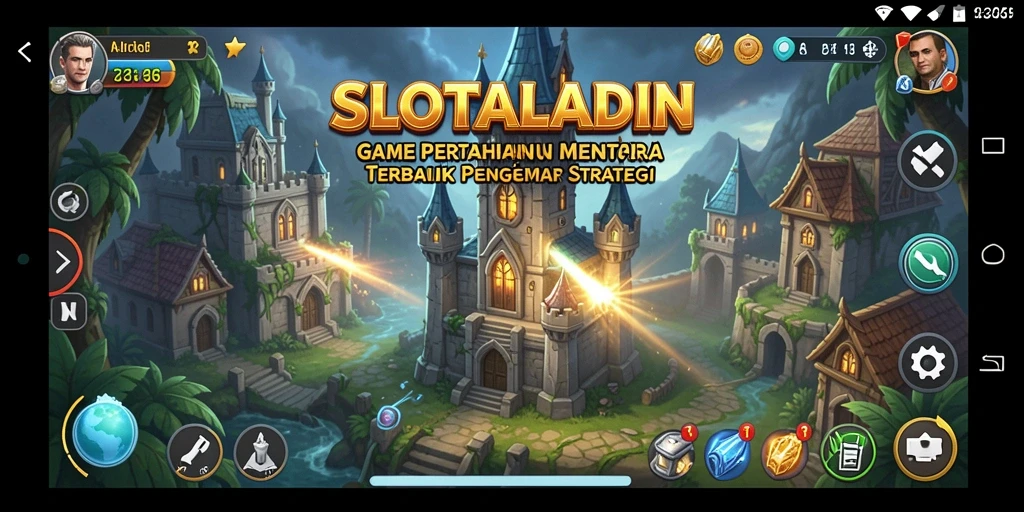 Tampilan gameplay SLOTALADIN menunjukkan pertahanan menara melawan gelombang musuh.