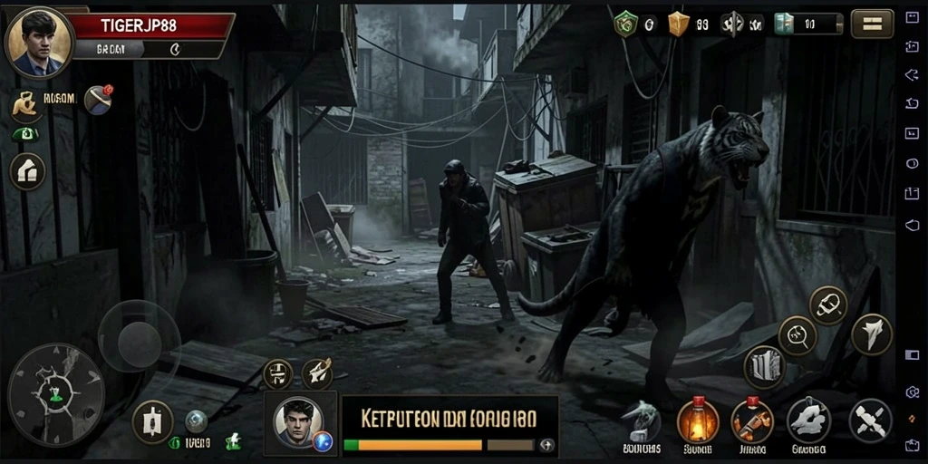 Tampilan gameplay menegangkan dari <strong>TIGERJP88</strong> di dalam kegelapan yang mencekam.